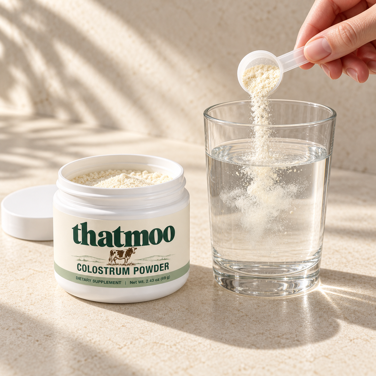 Illustrative preparation scene: a hand adds a small scoop of ThatMoo powder to cold water beside the open jar